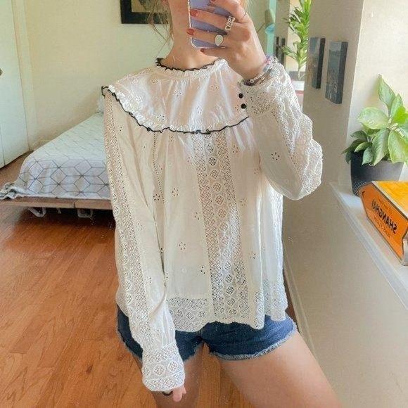 Sezane Ruffled Lace High Neck Eyelet Blouse White - Picture 7 of 7